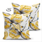 Çift Taraflı Beyaz Zemin Üzerinde Gold Detaylı Yaprak Desenli Modern Süet Yastık Kırlent Kılıfı Realhomes