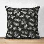 Çift Taraflı Siyah Zemin Üzerinde Beyaz Yaprak Desenli Süet Yastık Kırlent Kılıfı Realhomes