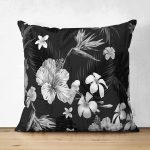 Çift Taraflı Siyah Zeminli Beyaz Çiçek Desenli Dijital Baskılı Modern Süet Yastık Kırlent Kılıfı Realhomes