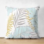 Çift Taraflı Beyaz Zemin Üzerinde Gold Detaylı Yaprak Desenli Modern Süet Yastık Kırlent Kılıfı Realhomes