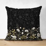 Çift Taraflı Siyah Zemin Üzerinde Gold Detaylı Çiçek Desenli Modern Süet Yastık Kırlent Kılıfı Realhomes