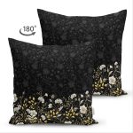 Çift Taraflı Siyah Zemin Üzerinde Gold Detaylı Çiçek Desenli Modern Süet Yastık Kırlent Kılıfı Realhomes