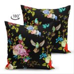 - Suet-K-8426-Gorsel2 - Realhomes Çift Taraflı Siyah Zemin Üzerinde Çiçek Desenli Kuş Figurlu Modern Süet Yastık Kırlent Kılıfı Realhomes