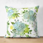 Çift Taraflı Beyaz Zemin Üzerinde Yeşil Rengarenk Çiçek Desenli Modern Süet Yastık Kırlent Kılıfı Realhomes
