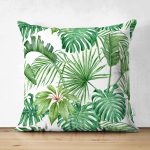 - Suet-K-8437-Gorsel1 - Realhomes Çift Taraflı Beyaz Zemin Üzerinde Yeşil Yaprak Desenli Süet Yastık Kırlent Kılıfı Realhomes