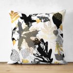 Çift Taraflı Beyaz Zemin Üzerinde Gold Detaylı Yaprak Desenli Modern Süet Yastık Kırlent Kılıfı Realhomes