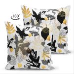 Çift Taraflı Beyaz Zemin Üzerinde Gold Detaylı Yaprak Desenli Modern Süet Yastık Kırlent Kılıfı Realhomes