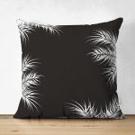 Çift Taraflı Siyah Zemin Üzerinde Beyaz Yaprak Desenli Süet Yastık Kırlent Kılıfı Realhomes