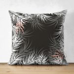 Çift Taraflı Siyah Zemin Üzerinde Beyaz Yaprak Desenli Süet Yastık Kırlent Kılıfı Realhomes
