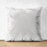 Çift Taraflı Gri Zeminli Beyaz Yaprak Desenli Dijital Baskılı Modern Süet Yastık Kırlent Kılıfı Realhomes