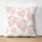 - Suet-K-8448-Gorsel1 - Realhomes  Çift Taraflı Pastel Zeminli Beyaz Yaprak Desenli Dijital Baskılı Modern Süet Yastık Kırlent Kılıfı Realhomes