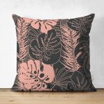 - Suet-K-8449-Gorsel1 - Realhomes  Çift Taraflı Siyah Zemin Üzerinde Pastel Renkli Yaprak Desenli Modern Süet Yastık Kırlent Kılıfı Realhomes