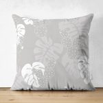 Çift Taraflı Gri Zeminli Beyaz Yaprak Desenli Dijital Baskılı Modern Süet Yastık Kırlent Kılıfı Realhomes