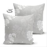 Çift Taraflı Gri Zeminli Beyaz Yaprak Desenli Dijital Baskılı Modern Süet Yastık Kırlent Kılıfı Realhomes