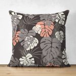 Çift Taraflı Siyah Zeminli Renkli Yaprak Desenli Dijital Baskılı Modern Süet Yastık Kırlent Kılıfı Realhomes