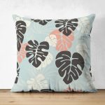 - Suet-K-8452-Gorsel1 - Realhomes Çift Taraflı Renkli Zeminli Siyah Yaprak Desneli Dijital Baskılı Modern Süet Yastık Kırlent Kılıfı Realhomes