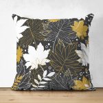 - Suet-K-8453-Gorsel1 - Realhomes  Çift Taraflı Siyah Zemin Üzerinde Gold Detaylı Yaprak Desenli Modern Süet Yastık Kırlent Kılıfı Realhomes