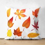 - Suet-K-8455-Gorsel1 - Realhomes Çift Taraflı Beyaz Zemin Üzerinde Renki Sonbahar Yaprak Desenli Modern Süet Yastık Kırlent Kılıfı Realhomes