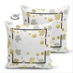 Çift Taraflı Beyaz Zemin Üzerinde Geometrik Desenli Yaprak Motifli Süet Yastık Kırlent Kılıfı Realhomes