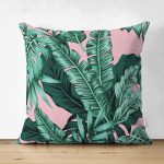 Çift Taraflı Pastel Zeminli Yeşil Yaprak Desenli Dijital Baskılı Modern Süet Yastık Kırlent Kılıfı Realhomes