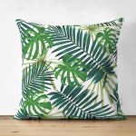 - Suet-K-8474-Gorsel1 - Realhomes Çift Taraflı Beyaz Zemin Üzerinde Yeşil Yaprak Desenli Süet Yastık Kırlent Kılıfı Realhomes