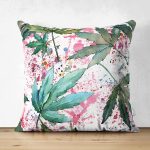 - Suet-K-8477-Gorsel1 - Realhomes Çift Taraflı Beyaz Zemin Üzerinde Yeşil Yaprak Desenli Süet Yastık Kırlent Kılıfı Realhomes