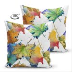 Çift Taraflı Beyaz Zeminli Sonbahar Yaprak Desenli Dijital Baskılı Modern Süet Yastık Kırlent Kılıfı Realhomes