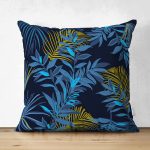 Çift Taraflı Siyah Zemin Üzerinde Gold Detaylı Mavi Yaprak Desenli Süet Yastık Kırlent Kılıfı Realhomes