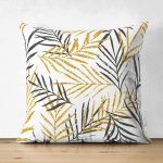 - Suet-K-8489-Gorsel1 - Realhomes  Çift Taraflı Beyaz Zemin Üzerinde Gold Detaylı Yaprak Desenli Modern Süet Yastık Kırlent Kılıfı Realhomes