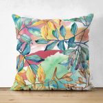 - Suet-K-8492-Gorsel1 - Realhomes Çift Taraflı Beyaz Zeminli Renkli Yaprak Desenli Dijital Baskılı Modern Süet Yastık Kırlent Kılıfı Realhomes
