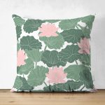 - Suet-K-8499-Gorsel1 - Realhomes Çift Taraflı Beyaz Zemin Üzerinde Yeşil Yaprak Desenli Süet Yastık Kırlent Kılıfı Realhomes