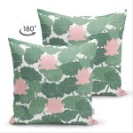 - Suet-K-8499-Gorsel2 - Realhomes Çift Taraflı Beyaz Zemin Üzerinde Yeşil Yaprak Desenli Süet Yastık Kırlent Kılıfı Realhomes