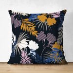 Çift Taraflı Siyah Zeminli Renkli Yaprak Desenli Dijital Baskılı Modern Süet Yastık Kırlent Kılıfı Realhomes