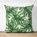 - Suet-K-8502-Gorsel1 - Realhomes Çift Taraflı Beyaz Zemin Üzerinde Yeşil Yaprak Desenli Süet Yastık Kırlent Kılıfı Realhomes