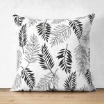 Çift Taraflı Beyaz Zemin Üzerinde Siyah Yaprak Desenli Süet Yastık Kırlent Kılıfı Realhomes