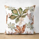 Çift Taraflı Beyaz Zeminli Sonbahar Yaprak Desenli Dijital Baskılı Modern Süet Yastık Kırlent Kılıfı Realhomes