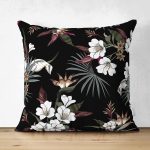 Çift Taraflı Siyah Zeminli Beyaz Çiçek Desenli Dijital Baskılı Modern Süet Yastık Kırlent Kılıfı Realhomes