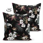 Çift Taraflı Siyah Zeminli Beyaz Çiçek Desenli Dijital Baskılı Modern Süet Yastık Kırlent Kılıfı Realhomes