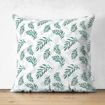 Çift Taraflı Beyaz Zemin Üzerinde Yeşil Yaprak Desenli Süet Yastık Kırlent Kılıfı Realhomes