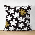 - Suet-K-8517-Gorsel1 - Realhomes Çift Taraflı Siyah Zemin Üzerinde Gold Detaylı Beyaz Çiçek Desenli Süet Yastık Kırlent Kılıfı Realhomes