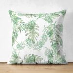 Çift Taraflı Beyaz Zemin Üzerinde Yeşil Yaprak Desenli Süet Yastık Kırlent Kılıfı Realhomes