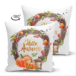 - Suet-K-8523-Gorsel2 - Realhomes Çift Taraflı Beyaz Zeminli Bal Kabağı Desenli Dijital Baskılı Modern Süet Yastık Kırlent Kılıfı Realhomes