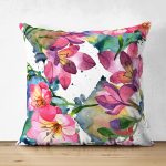 Çift Taraflı Beyaz Zemin Üzerinde Rengarenk Çiçek Desenli Süet Yastık Kırlent Kılıfı Realhomes