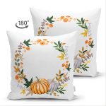 Çift Taraflı Beyaz Zeminli Bal Kabağı Desenli Dijital Baskılı Modern Süet Yastık Kırlent Kılıfı Realhomes