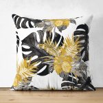 - Suet-K-8553-Gorsel1 - Realhomes Çift Taraflı Beyaz Zemin Üzerinde Gold Detaylı Siyah Yaprak Desenli Süet Yastık Kırlent Kılıfı Realhomes