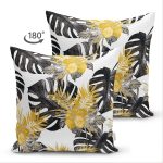 - Suet-K-8553-Gorsel2 - Realhomes Çift Taraflı Beyaz Zemin Üzerinde Gold Detaylı Siyah Yaprak Desenli Süet Yastık Kırlent Kılıfı Realhomes