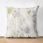 - Suet-K-8554-Gorsel1 - Realhomes Çift Taraflı Renkli Zemin Üzerinde Yaprak Desenli Dijital Baskılı Modern Süet Yastık Kırlent Kılıfı Realhomes