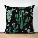 Çift Taraflı Siyah Zemin Üzerinde Yeşil Kaktüs Desenli Süet Yastık Kırlent Kılıfı Realhomes