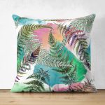 - Suet-K-8560-Gorsel1 - Realhomes Çift Taraflı Beyaz Zemin Üzerinde Renkli Soyut Çizimli Yaprak Desenli Süet Yastık Kırlent Kılıfı Realhomes