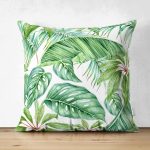 - Suet-K-8564-Gorsel1 - Realhomes Çift Taraflı Beyaz Zemin Üzerinde Yeşil Yaprak Desenli Süet Yastık Kırlent Kılıfı Realhomes